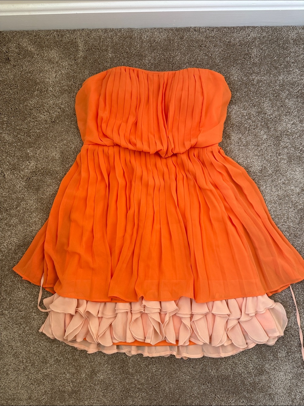 Jessica Simpson Orange Strapless Pleated Party Dress with Light Orange Ruffle